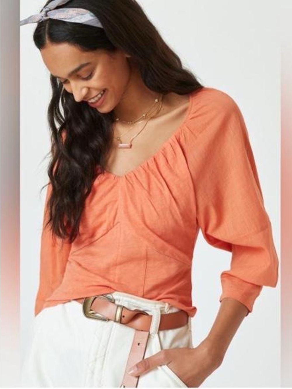 By Anthropologie Ruched Knit Lghtweight Blouse Boho Puff Sleeves Sz XL